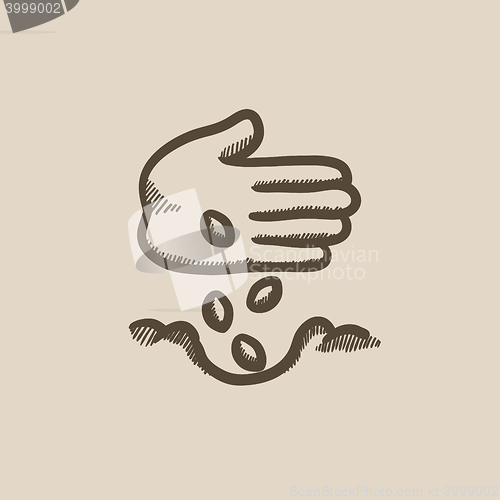 Image of Hand planting seeds in ground sketch icon.