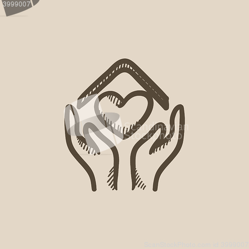 Image of Hands holding roof of house and heart sketch icon.