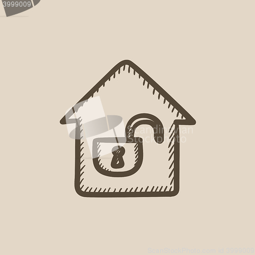 Image of House with open lock sketch icon.