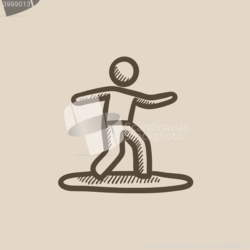 Image of Male surfer riding on surfboard sketch icon.