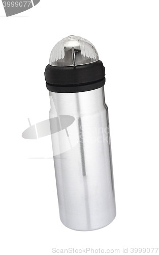Image of silver drinking sport bottle isolated on white