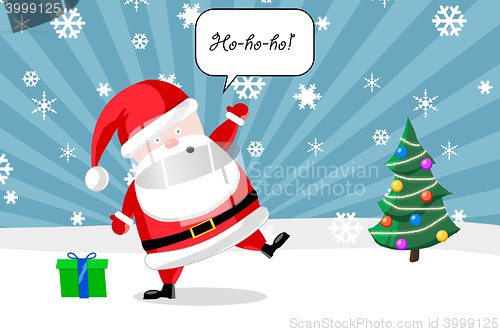 Image of Santa ouside with a present and Christmas tree