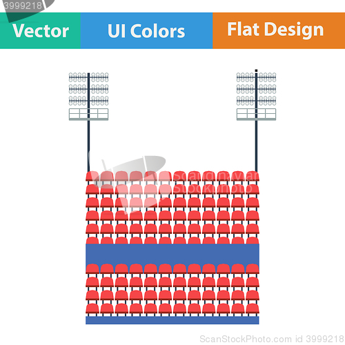 Image of Stadium tribune with seats and light mast icon. 