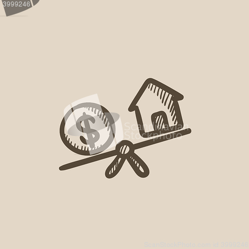 Image of House and dollar symbol on scales sketch icon.