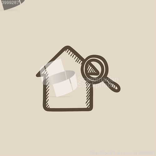 Image of House and magnifying glass sketch icon.