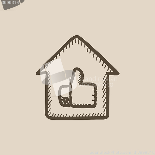 Image of Thumb up in house sketch icon.