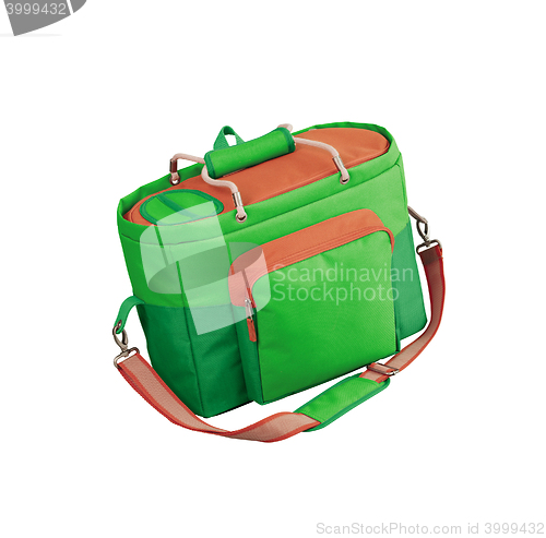 Image of green cooler bag with carrying strap isolated