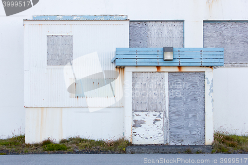 Image of Front view of a boarded-up abandoned building in Iceland