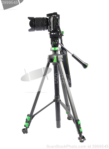 Image of Tripod with camera on white background