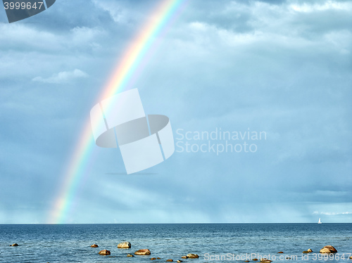 Image of rainbow in cloudy sky after the rain