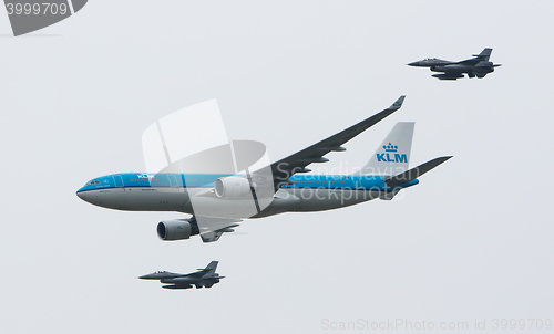 Image of LEEUWARDEN, NETHERLANDS - JUNE 11 2016: Dutch KLM Boeing escorte