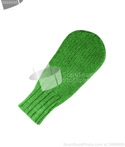 Image of Green wollen knitted mitten over white background