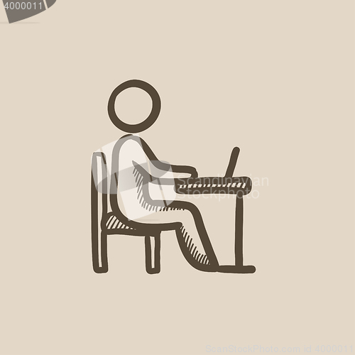 Image of Businessman working on laptop sketch icon.