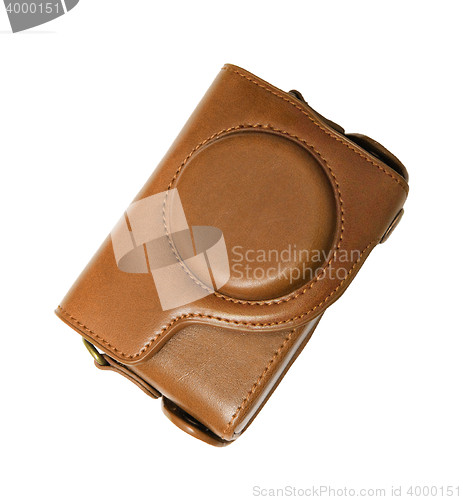 Image of Retro photo camera leather case isolated on white