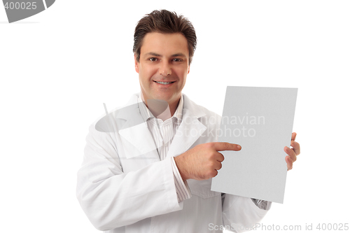 Image of Doctor pharmacist holding brochure, sign, fact sheet