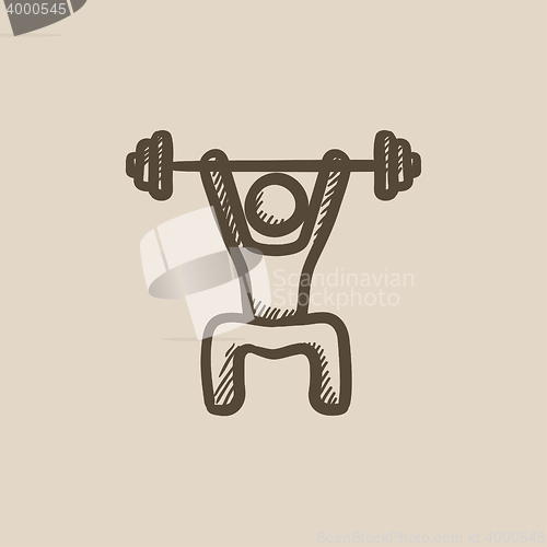 Image of Man exercising with barbell sketch icon.