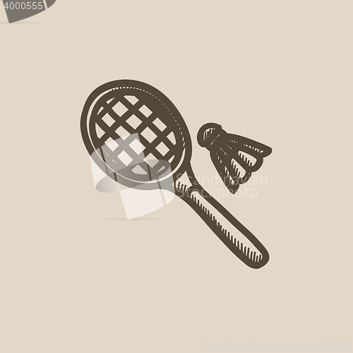 Image of Shuttlecock and badminton racket sketch icon.