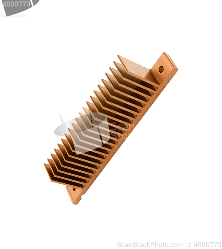 Image of Closeup of an golden cpu cooler isolated on white