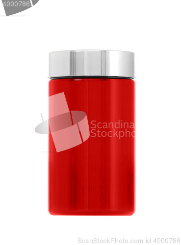 Image of Empty red glass bottle standing on white background