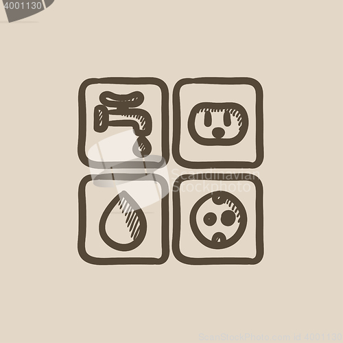 Image of Utilities signs electricity and water sketch icon.