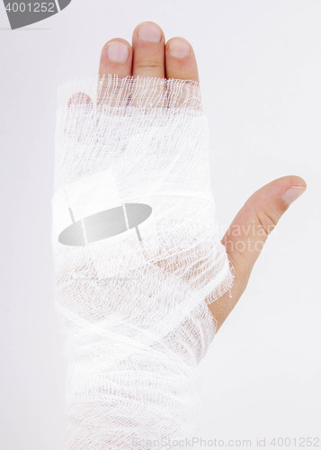 Image of bandaged hand on white background