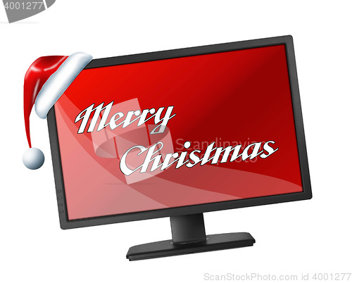 Image of Monitor with red screen and Merry Christmas text