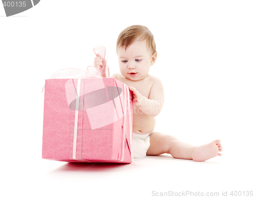 Image of baby boy in diaper with big gift box #2