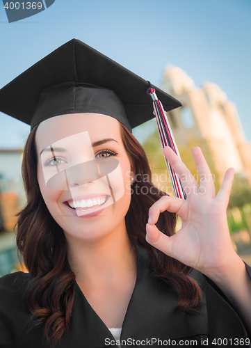 Image of Happy Graduating Mixed Race Woman In Cap and Gown