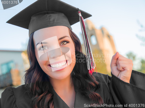 Image of Happy Graduating Mixed Race Woman In Cap and Gown