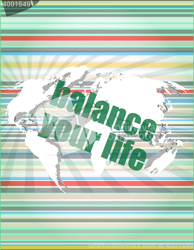 Image of Life style concept: words balance you life on digital screen vector quotation marks with thin line speech bubble. concept of citation, info, testimonials, notice, textbox. isolated on white background