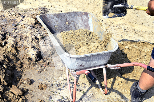 Image of Working ship shovel sand in the construction truck to transport