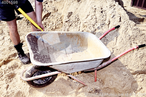 Image of Working ship shovel sand in the construction truck to transport