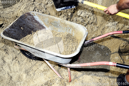 Image of Working ship shovel sand in the construction truck to transport