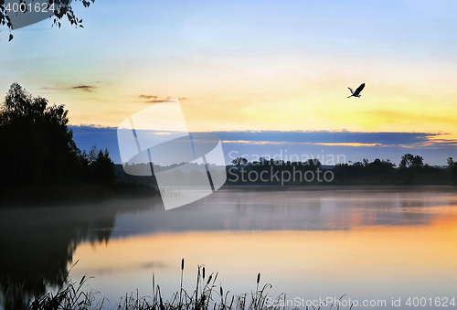 Image of The morning landscape with sunrise over water in the fog