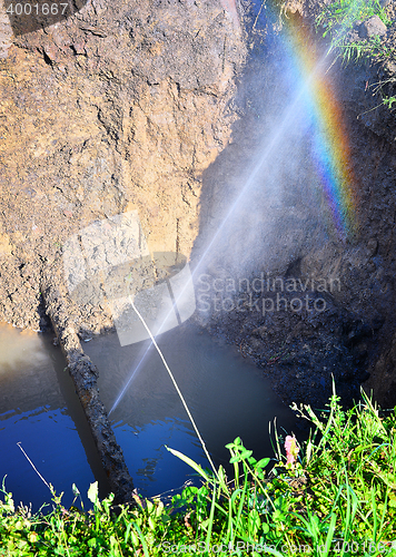 Image of The water jet in the form of leakage in the damaged metal pipe at the production site