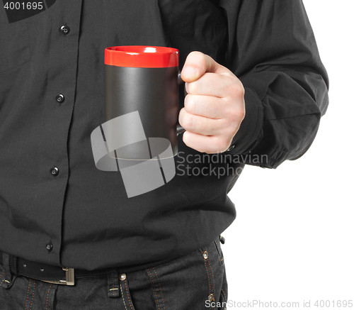 Image of hand holding a cup of coffee on white