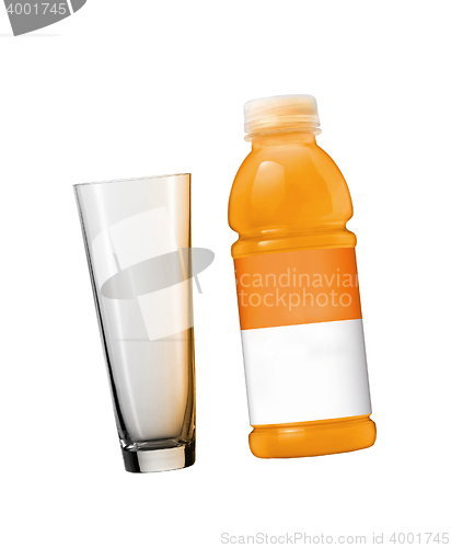 Image of Orange juice in plastic bottle and glass