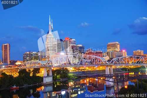 Image of Downtown Nashville cityscape in the evening