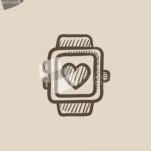 Image of Smartwatch with heart sign sketch icon.