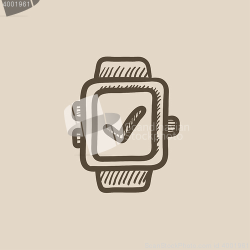 Image of Smartwatch with check sign sketch icon.