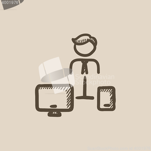 Image of Man linked with computer and phone sketch icon.