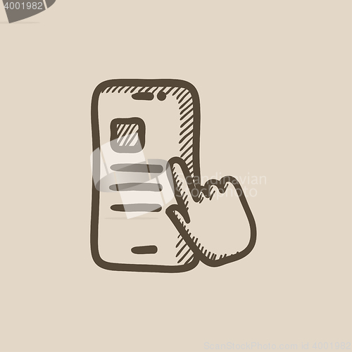 Image of Finger touching smartphone sketch icon.