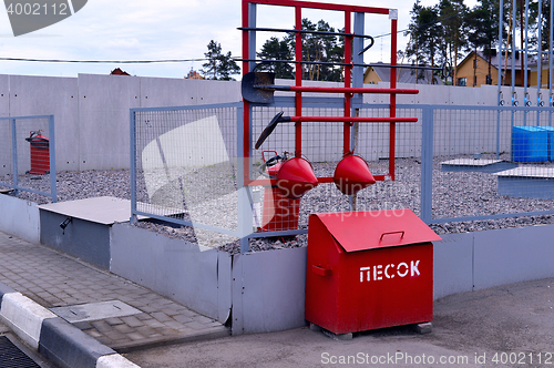 Image of  Fire Shield on the wall. Set primary fire extinguishing equipment.