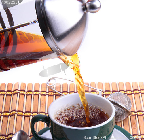 Image of Pouring fresh tea kettle into green cup