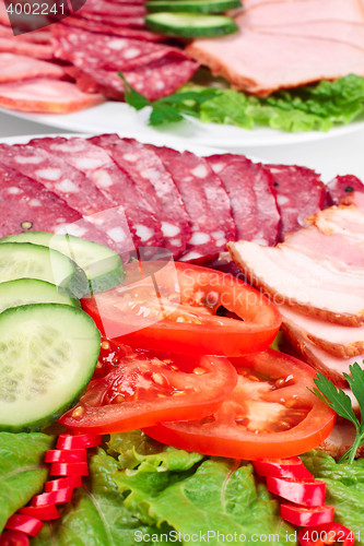 Image of various sliced sausages with vegetables