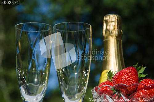 Image of Champagne,glasses and strawberries oudoors