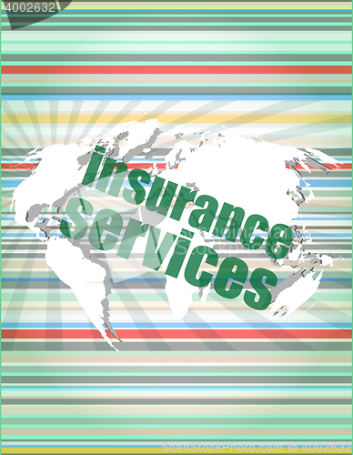 Image of word insurance services on digital screen 3d vector quotation marks with thin line speech bubble. concept of citation, info, testimonials, notice, textbox. flat style trend design