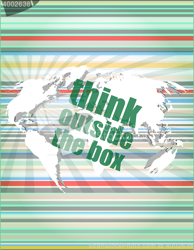 Image of think outside the box words on digital touch screen vector quotation marks with thin line speech bubble. concept of citation, info, testimonials, notice, textboxflat style trend design