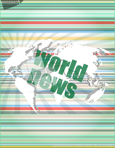 Image of News and press concept: words world news on digital screen vector quotation marks with thin line speech bubble. concept of citation, info, testimonials, notice, textbox. flat style trend design