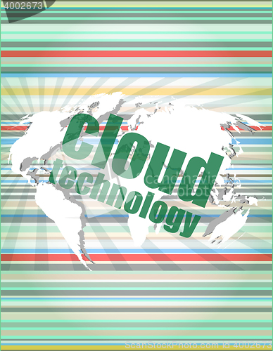 Image of words cloud technology on digital screen, information technology concept vector quotation marks with thin line speech bubble. concept of citation, info, testimonials, notice, textbox. flat style trend